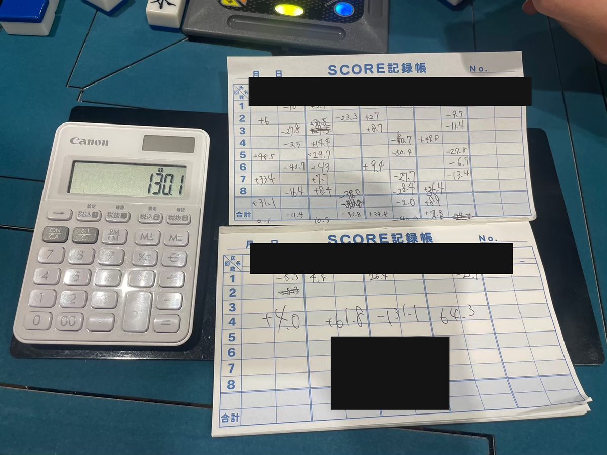 麻雀の集計に実際に使っていた電卓と、修正跡だらけのSCORE記録帳